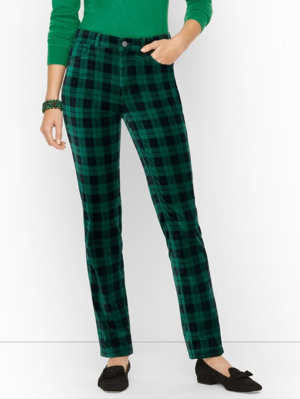 Talbots Stretch Velveteen Straight Leg Pants Holiday Plaid Green Black 24W WP60
